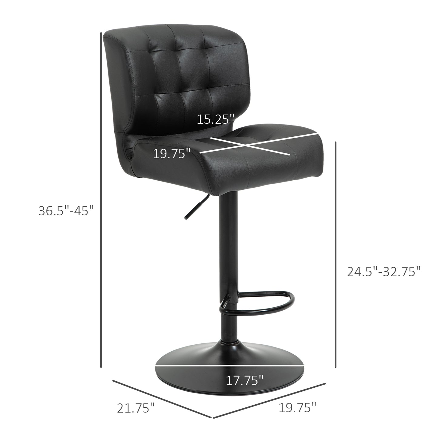 Adjustable Bar Height Stools Set of 2 with Padded Cushion - Black