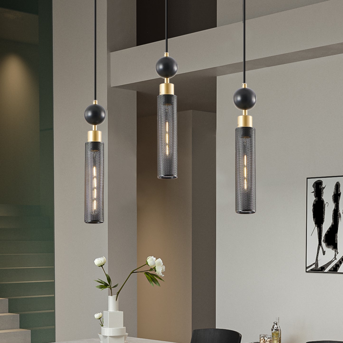 Modern Black and Gold 3-Light Pendant Chandelier - Adjustable