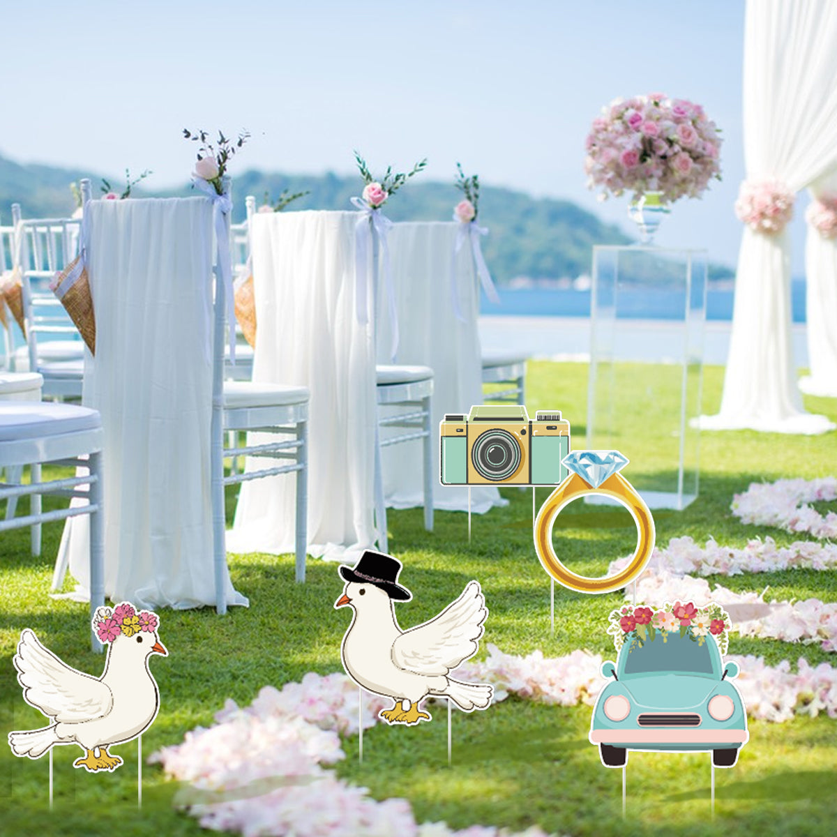 5-Piece Wedding Theme Yard Sign Set with Stakes - White