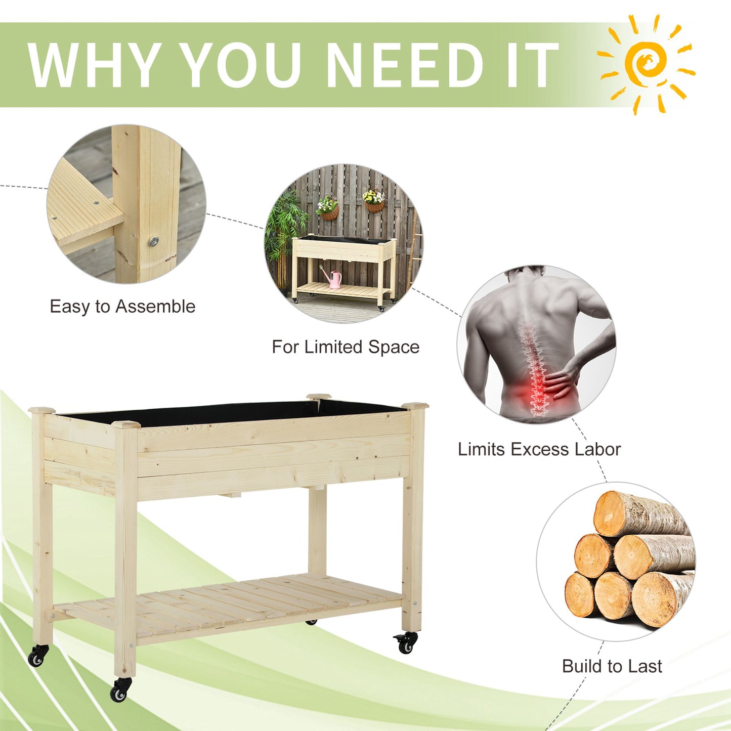 Raised Garden Bed with Lockable Wheels 47x22x33 Inches Wooden Planter Box