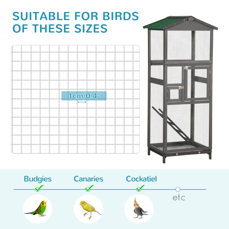 Outdoor Wooden Bird Cage for Parrots and Small Birds with Pull-Out Tray - Grey & Green