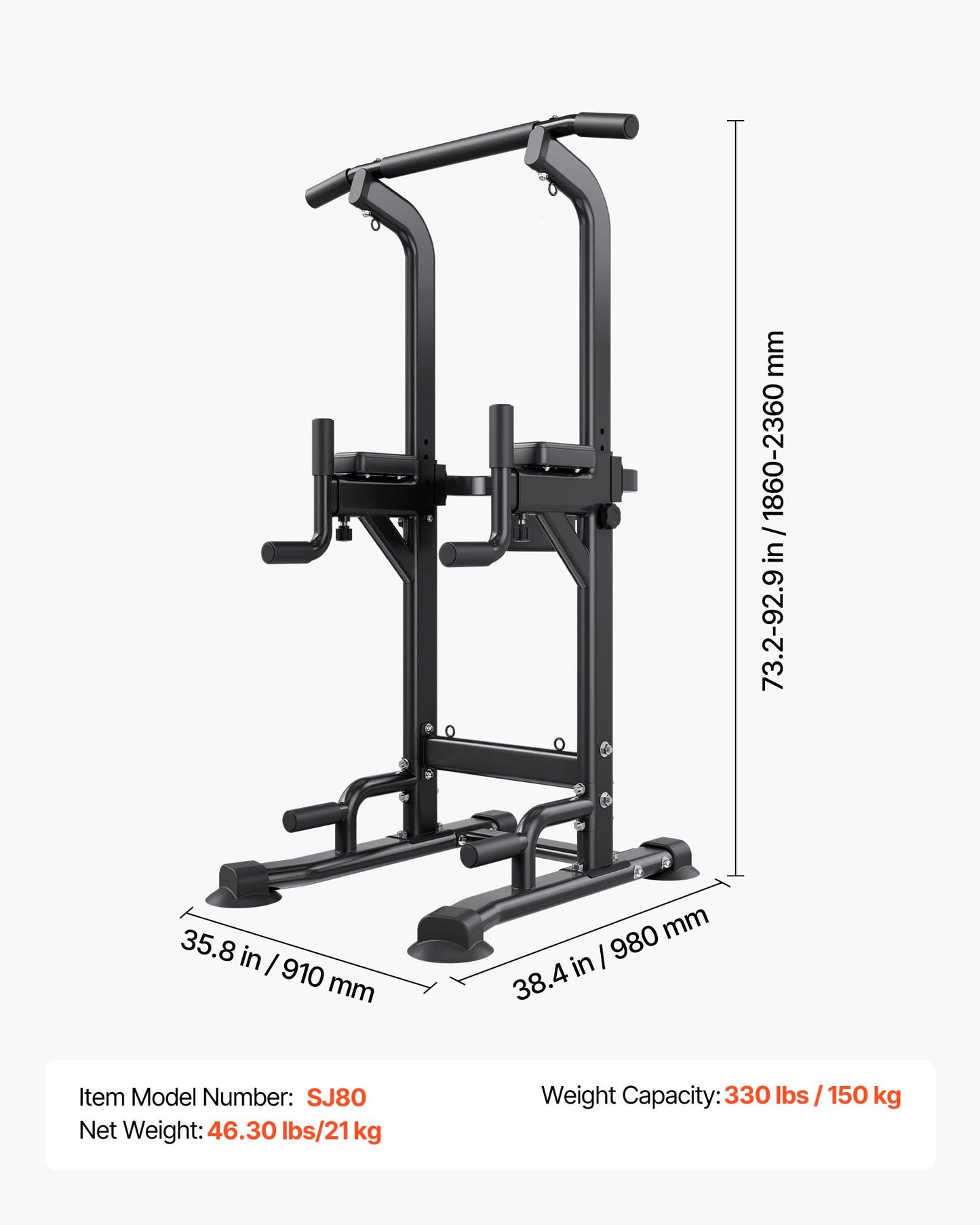 Adjustable Pull Up Bar Power Tower for Home Gym - Supports 330 LBS with Back Pad