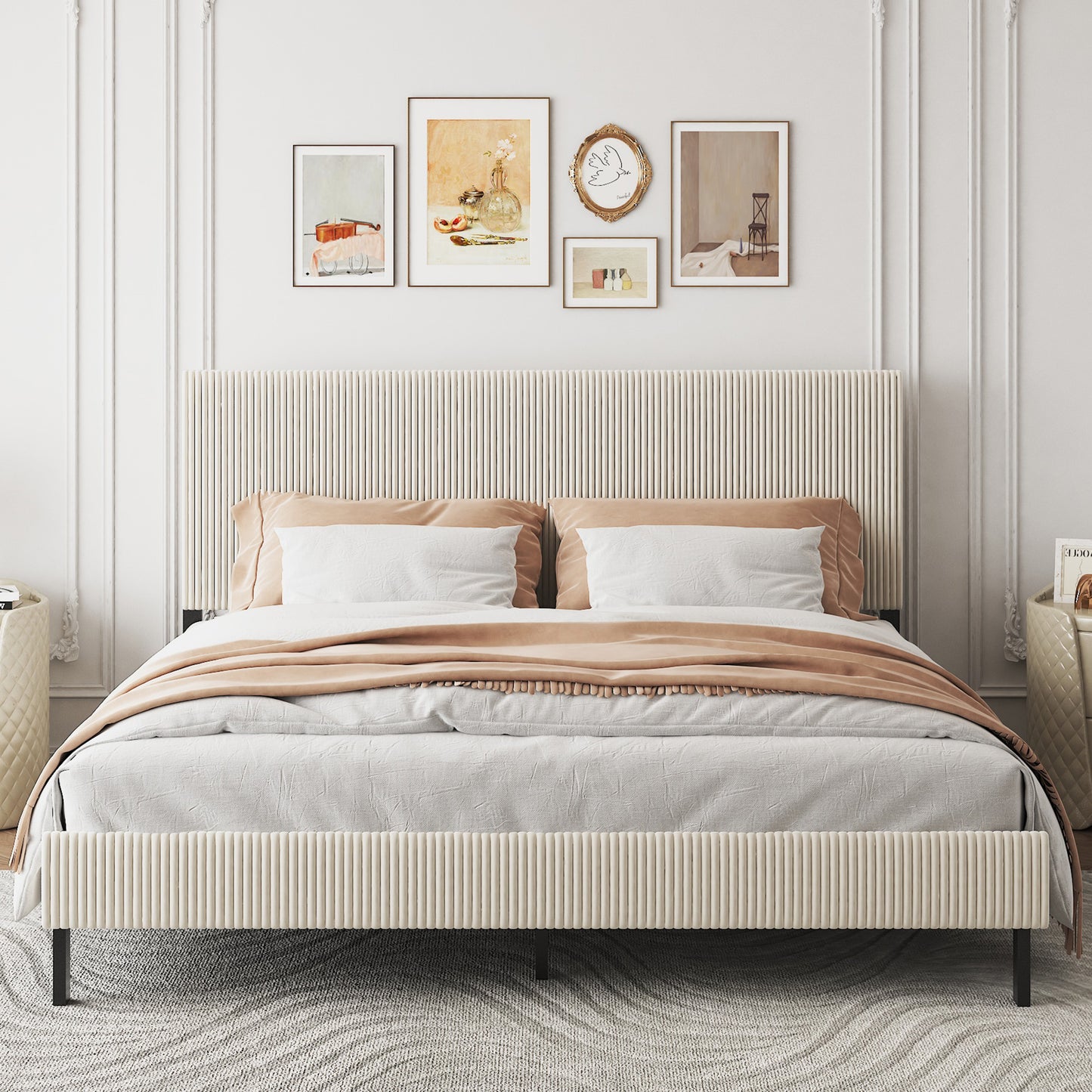 King Platform Bed Frame with Upholstered Headboard - Beige