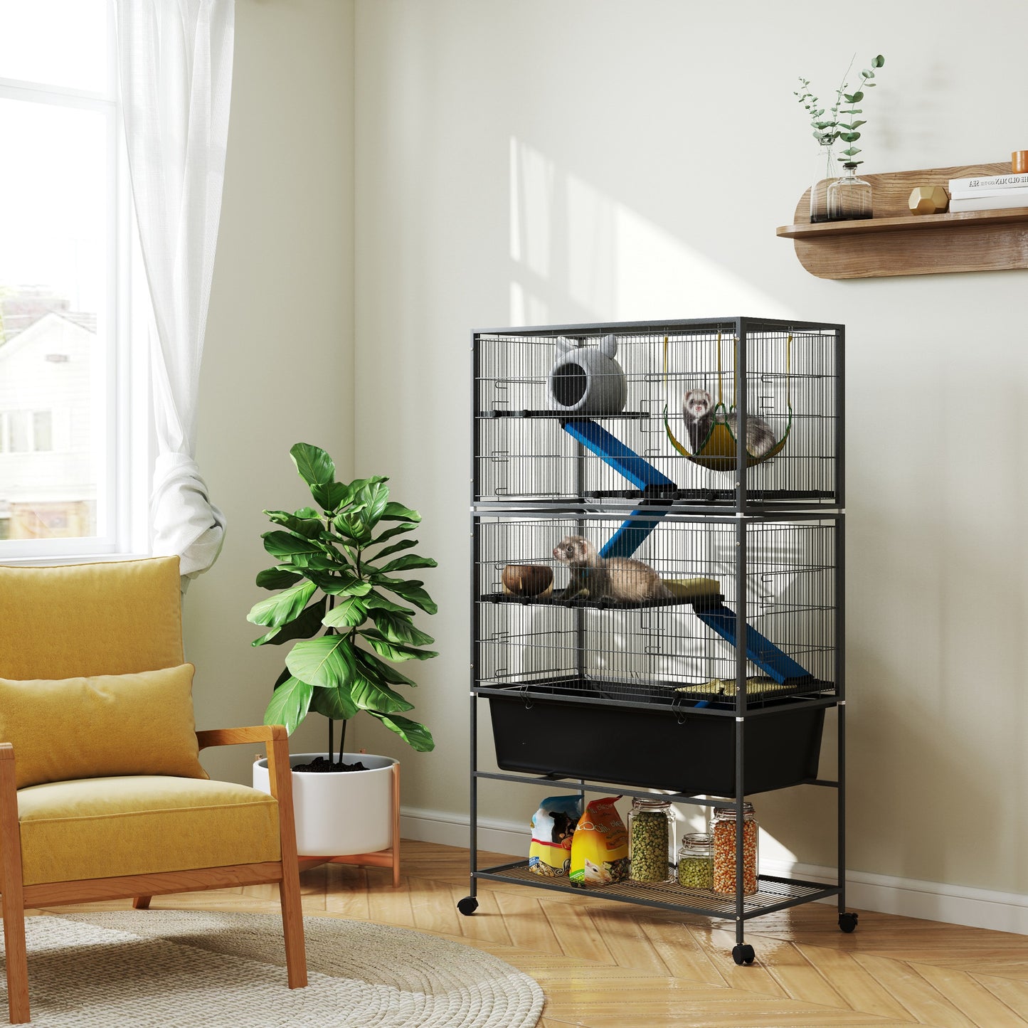 59-Inch Small Animal Cage with 5 Levels, Rolling Ferret Cage, Deep Tray & Ramps