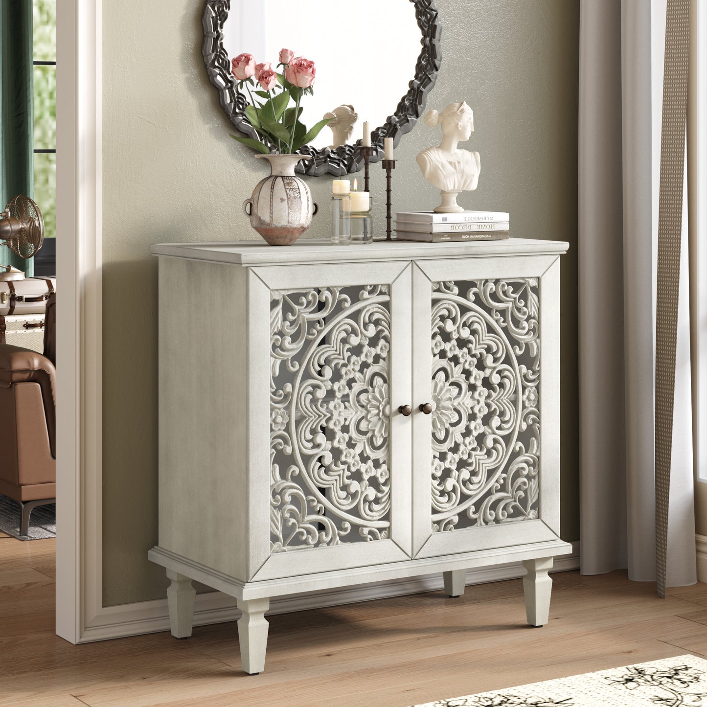 Vintage Hollow-Carved Accent Cabinet - 2-Door Display Sideboard