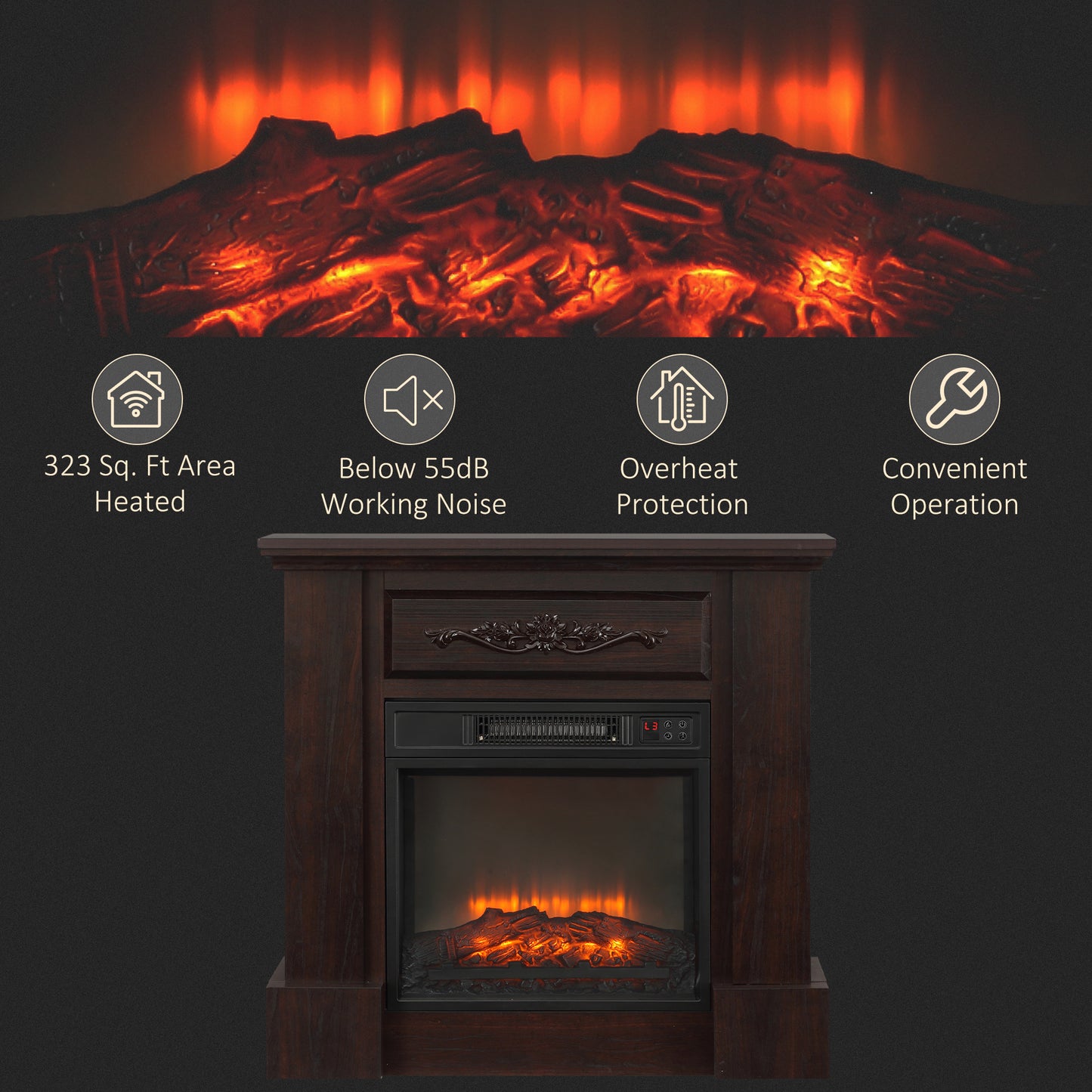 Electric Fireplace with Mantel - Adjustable Flame & Heating for Home