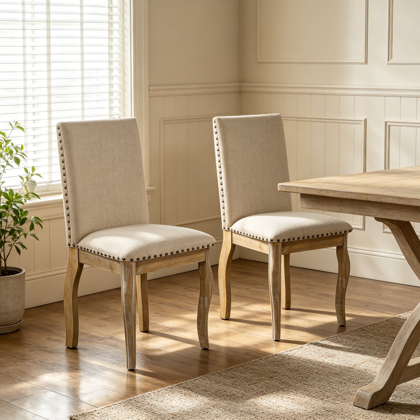 Set of 2 Upholstered Dining Chairs with Nailhead - Natural Wood Wash