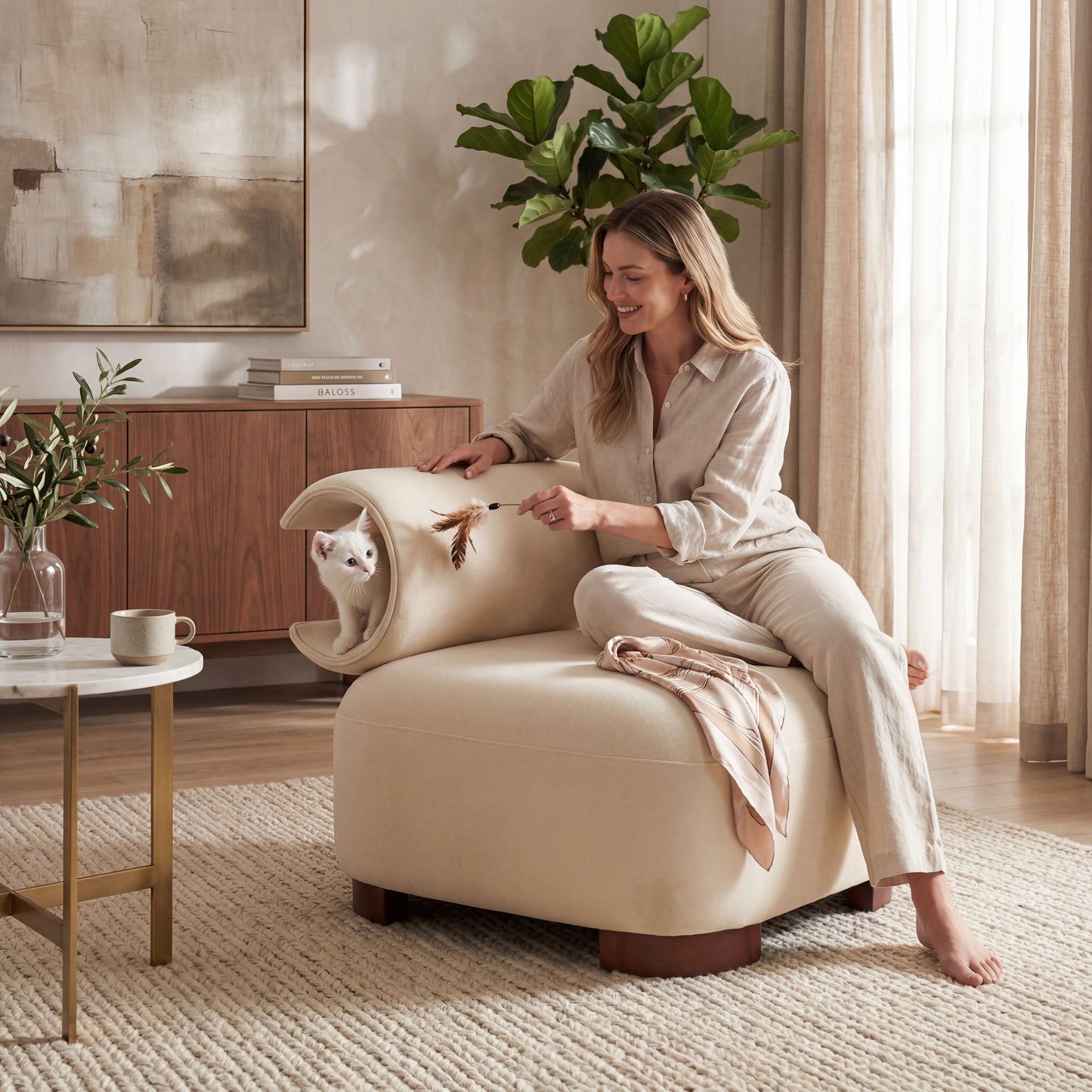 Beige Polyester Accent Chair - Pet-Friendly, 330 Lbs Capacity