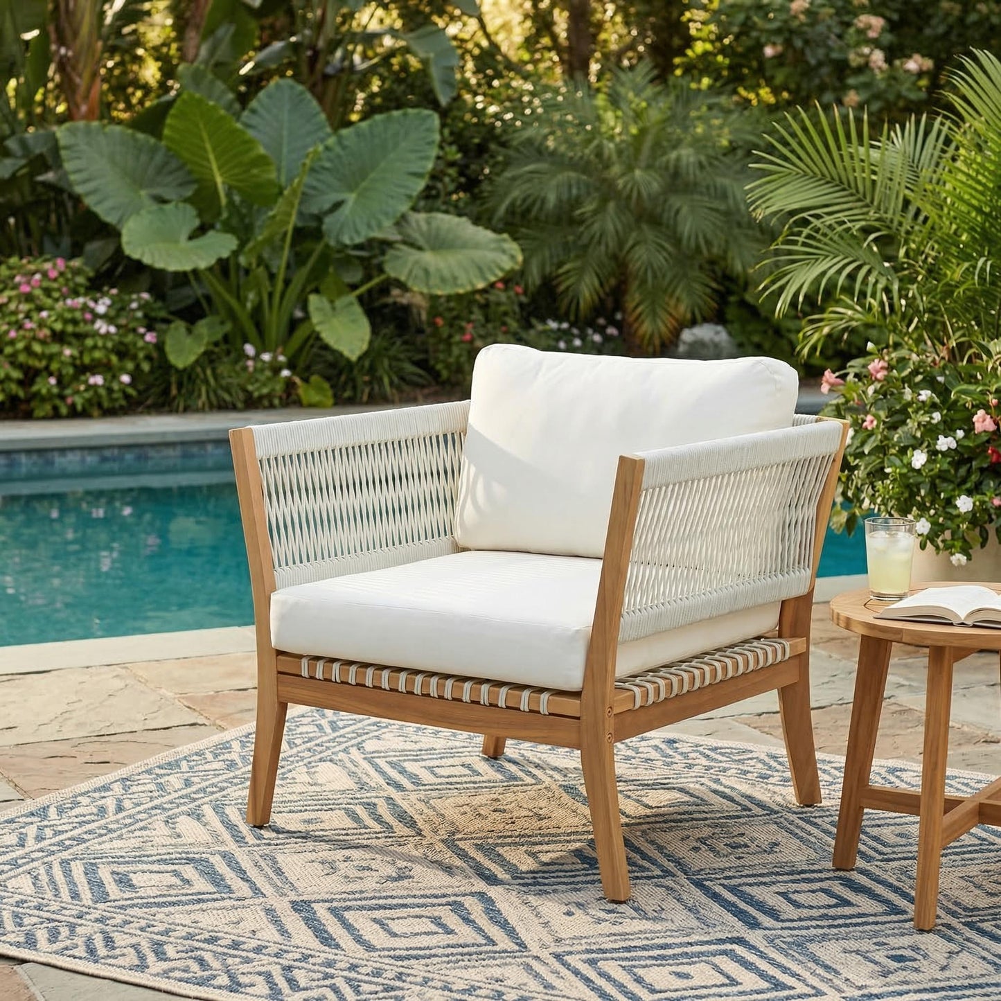 Outdoor Acacia Wood Lounge Chair with Thick Cushions - Natural/Beige