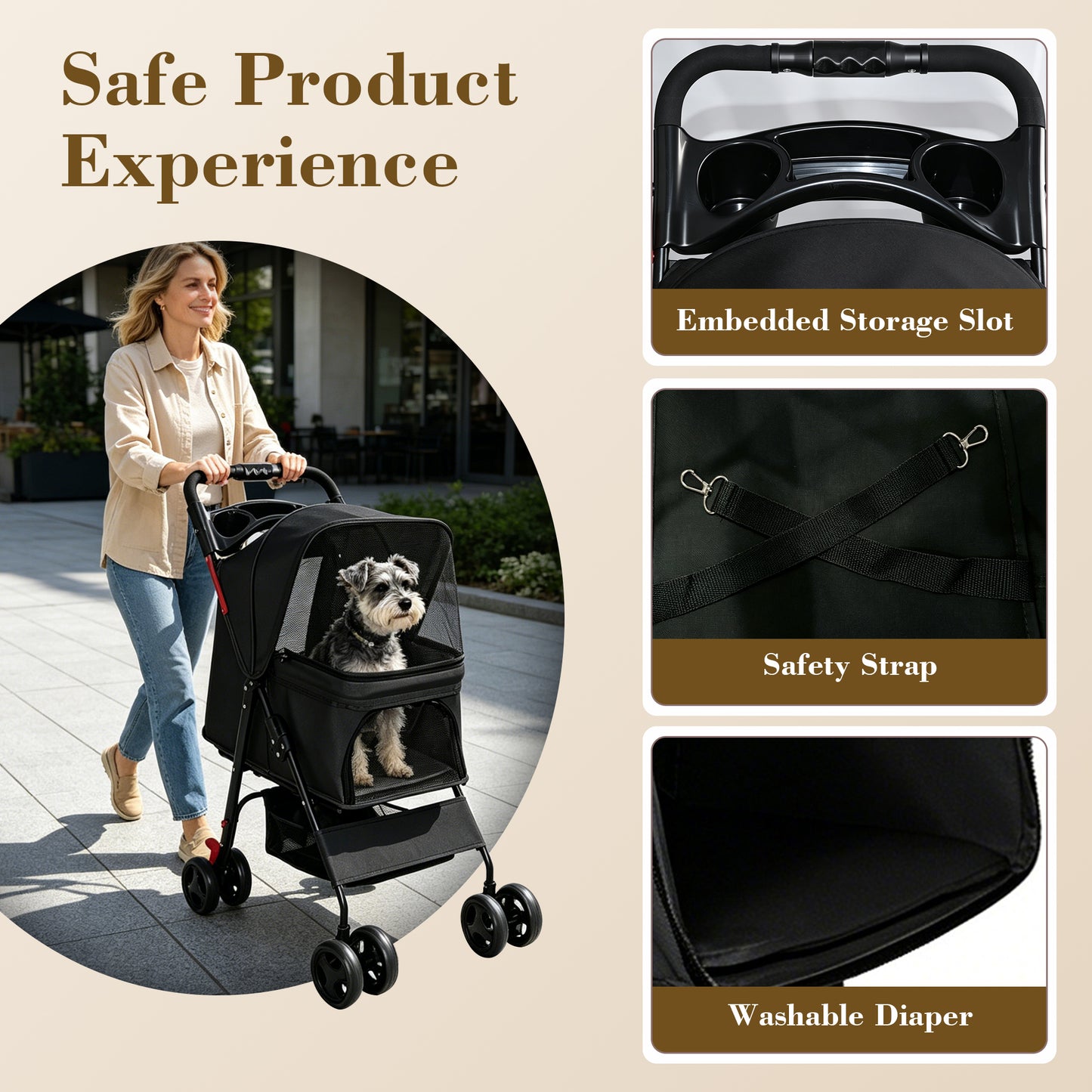 Foldable Pet Stroller for Small Dogs and Cats - Black, 28 lbs Capacity with Safety Leashes & Mesh