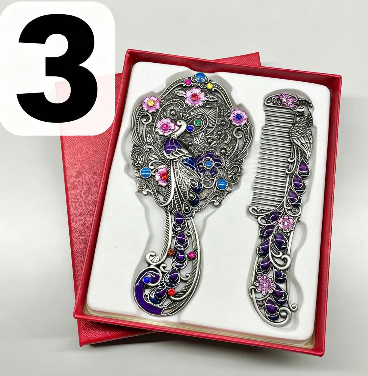 Vintage Peacock Mirror & Comb Set - Antique Metal Handheld Vanity Accessory with Gift Box