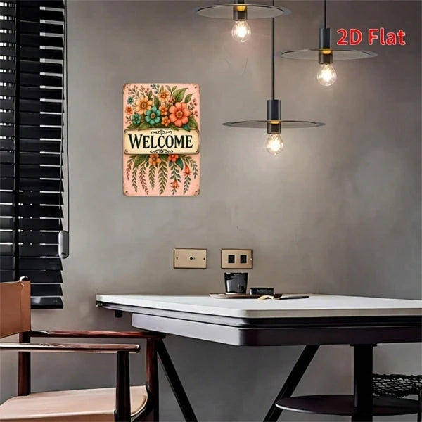 Rustic Floral Welcome Sign - 8x12 Inch Metal Wall Art