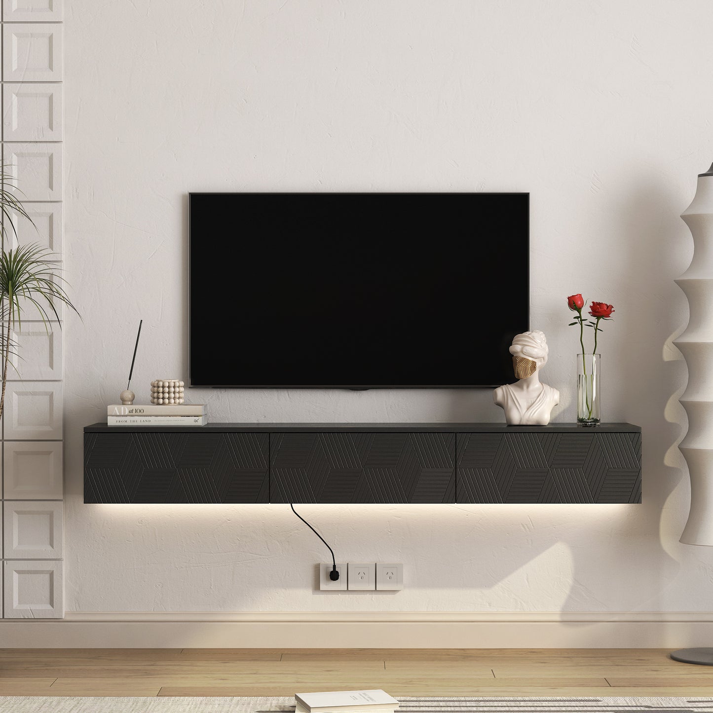 Floating TV Stand Wall Mounted With 16 Color LEDs,67 Modern Stand,