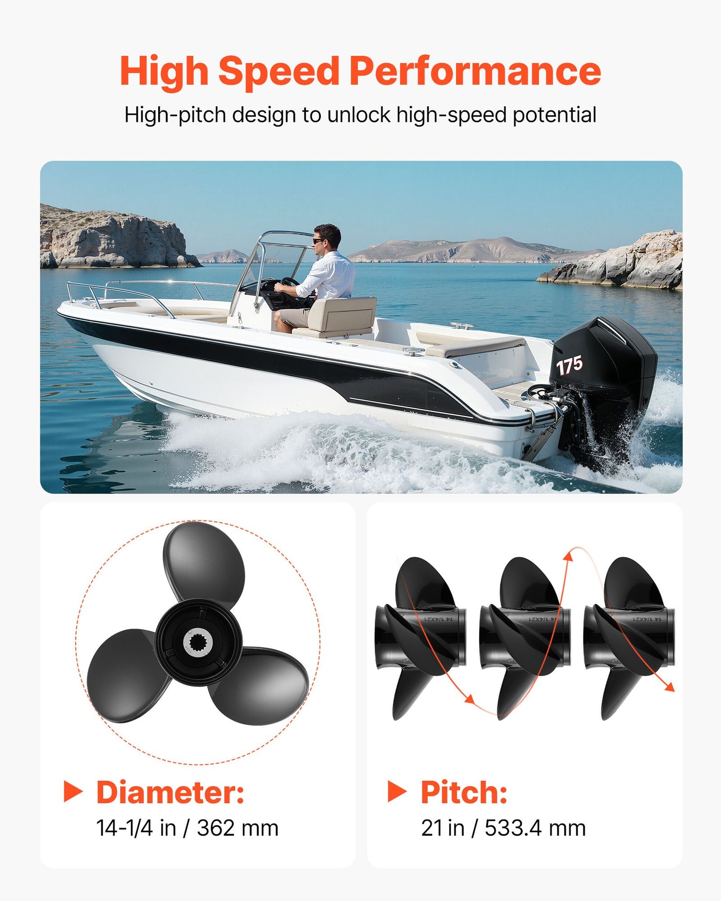 Outboard Propeller 3-Blade Aluminum RH Fit Mercury/Mariner 90-400 HP