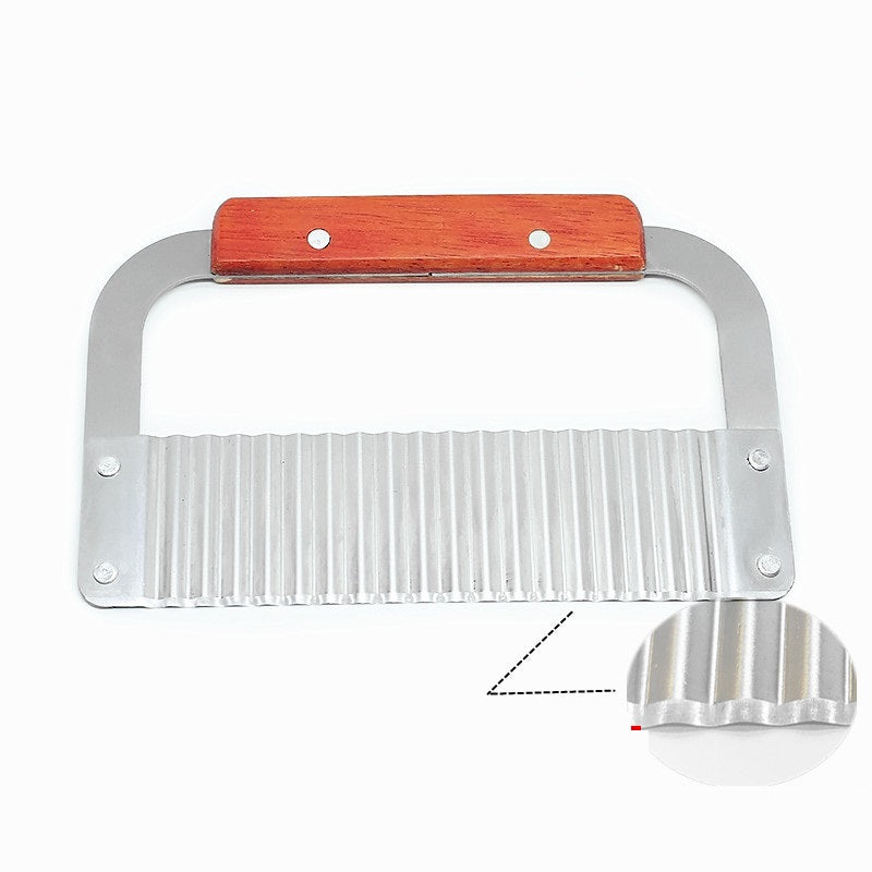 Stainless Steel French Fry Cutter with Wooden Handle Wavy Blade Kitchen Tool