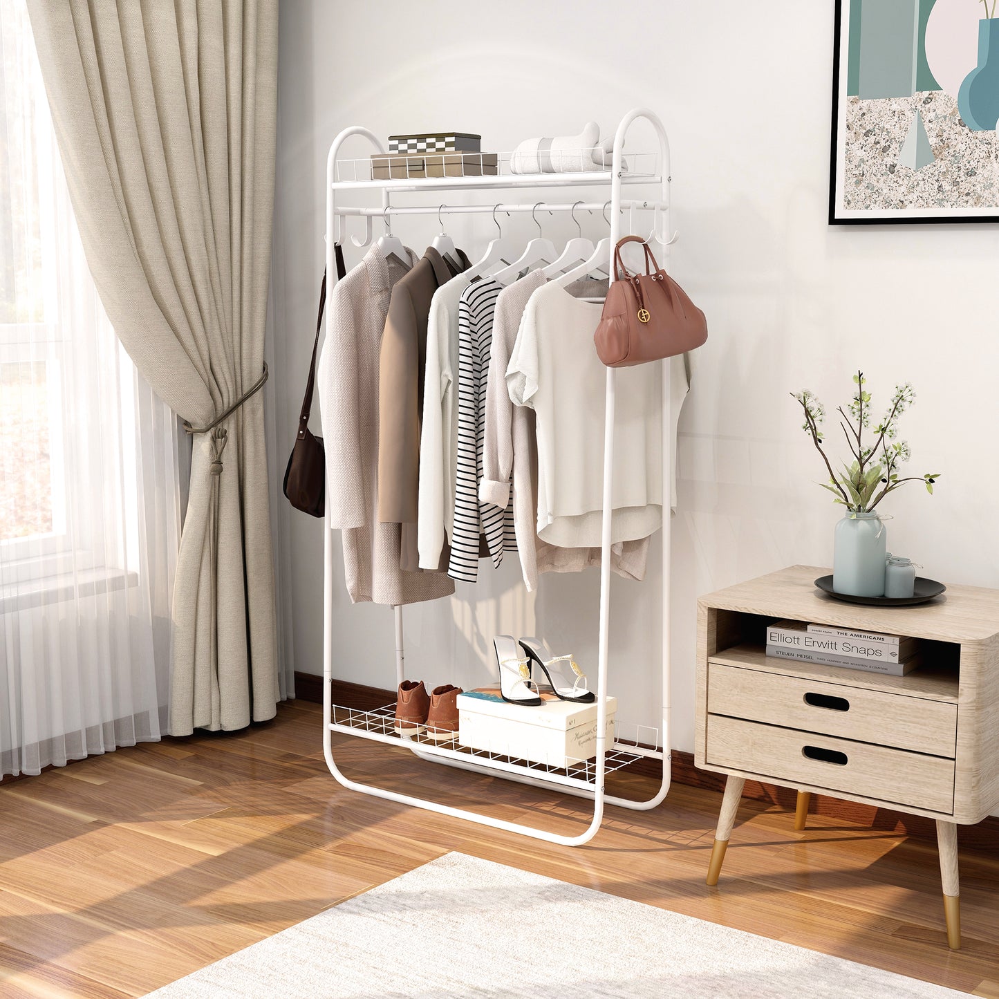 Heavy Duty Freestanding Clothes Rack with Double Shelves - White