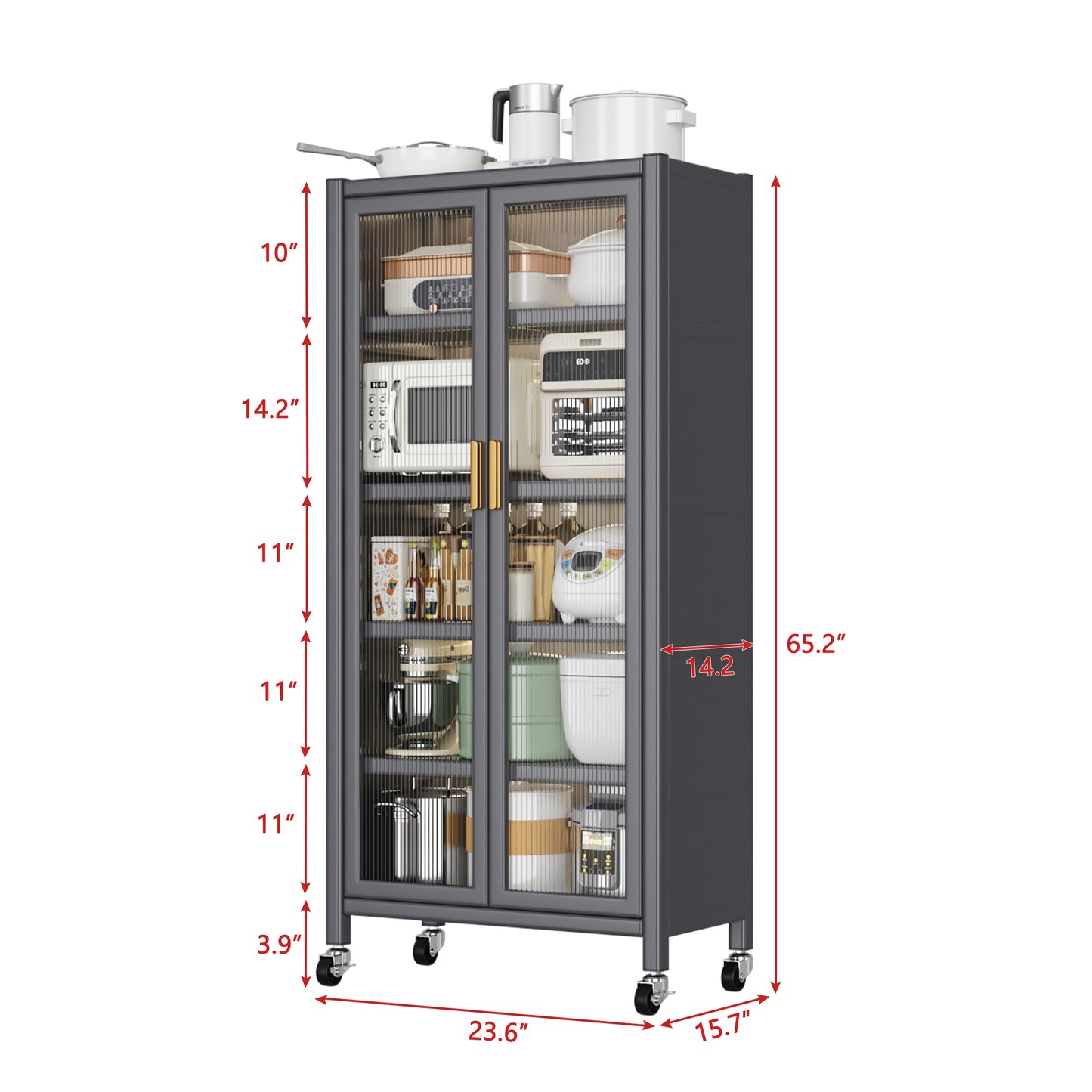 Grey Floor-to-Ceiling Kitchen Storage Cabinet with Microwave Shelf