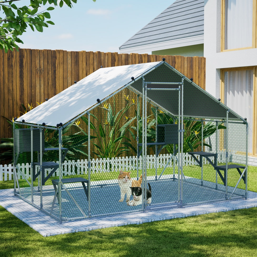 Outdoor Metal Cat Cage 3x2m with Solid Wood Platform Waterproof Tarp Safety Lock