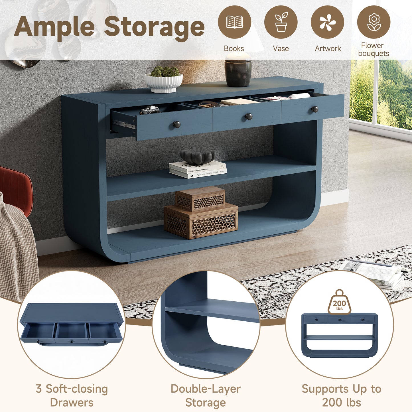 Modern Curved Console Table with 3 Soft-Close Drawers - Blue