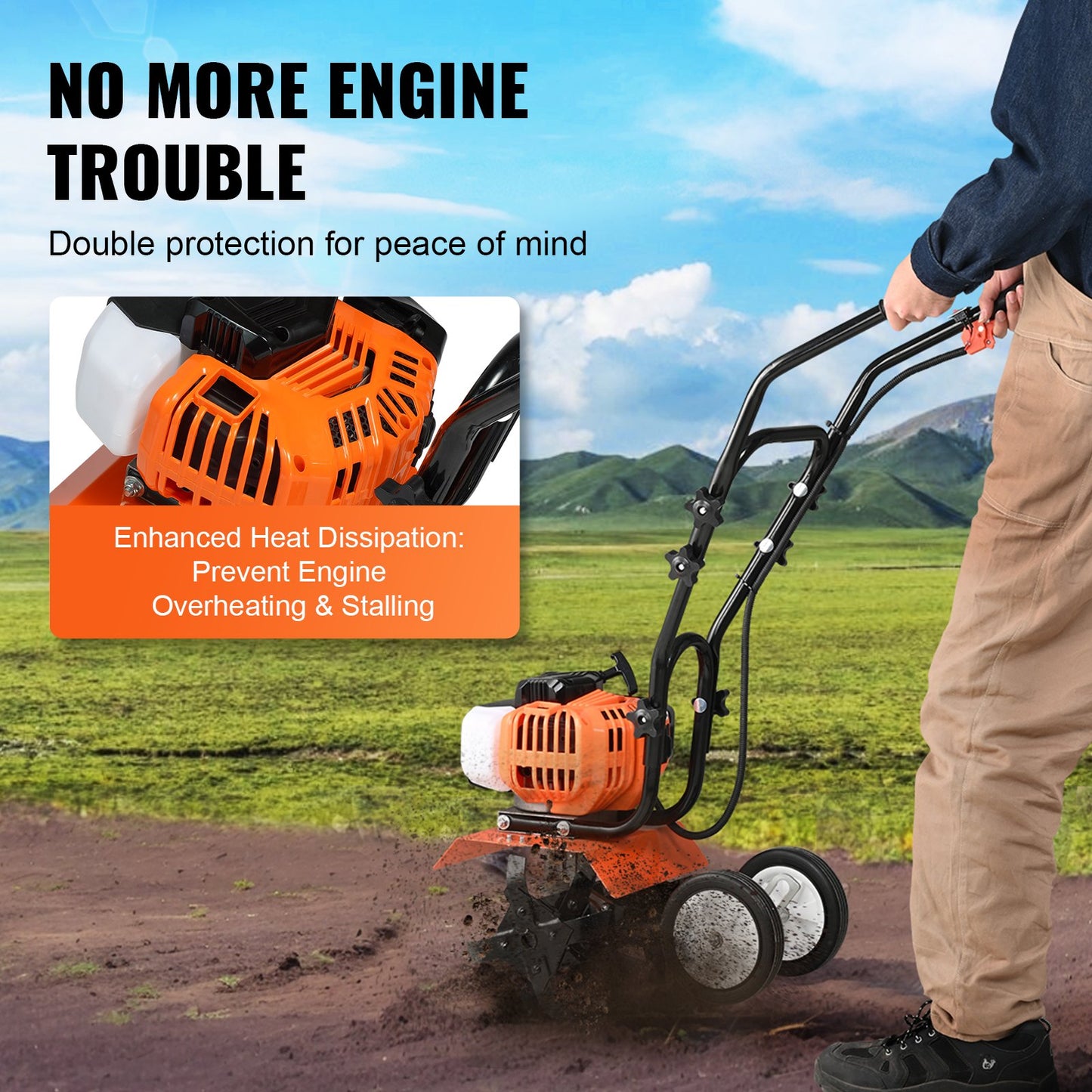 Garden Tiller Cultivator 43CC 2-Stroke with Adjustable Tines, Orange
