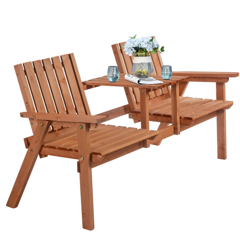 Wooden Patio Bench with Middle Table & Umbrella Hole - Orange