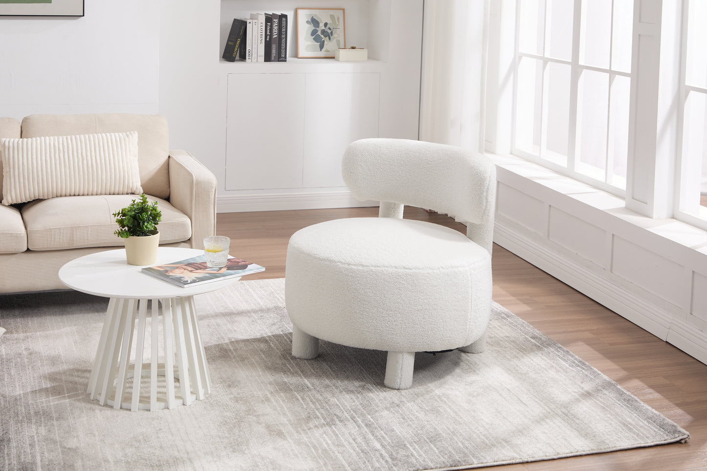 White Teddy Fabric Armless Accent Chair with Curved Backrest