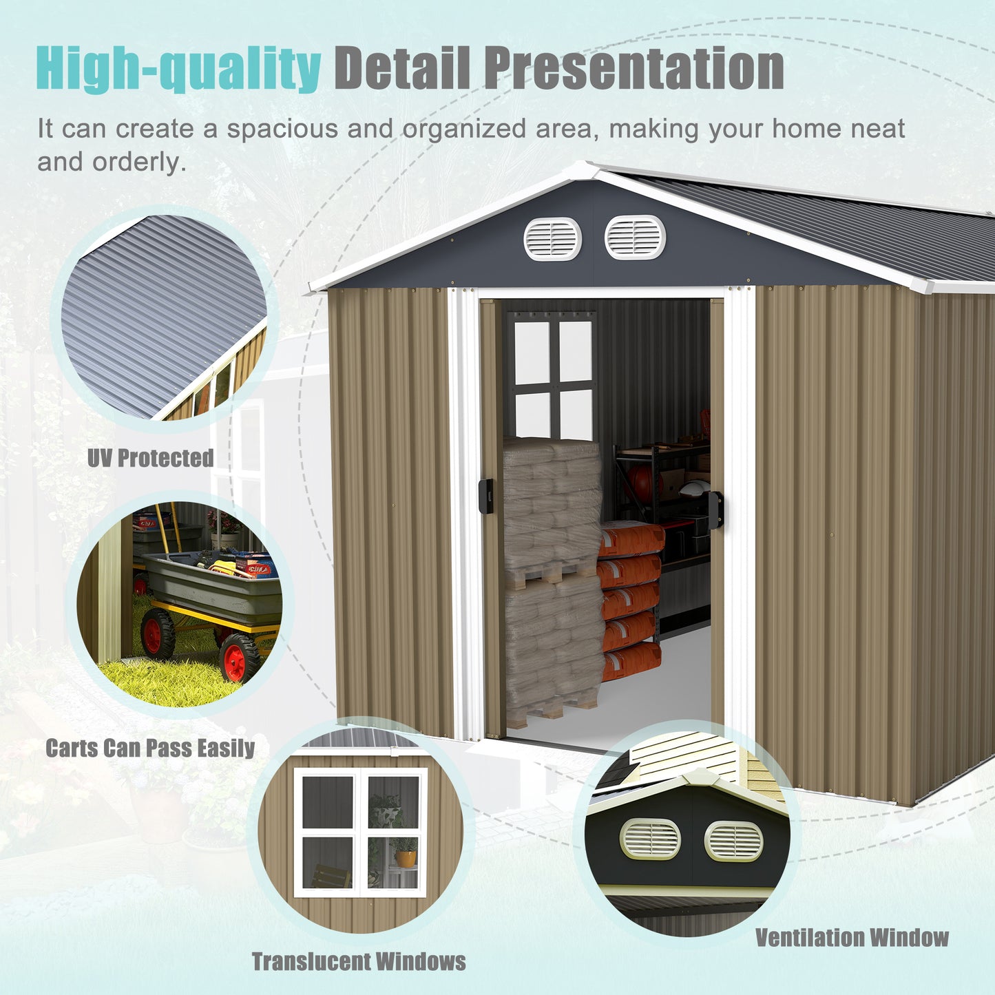 Outdoor Metal Storage Shed 8x12 FT with Lockable Door - Brown