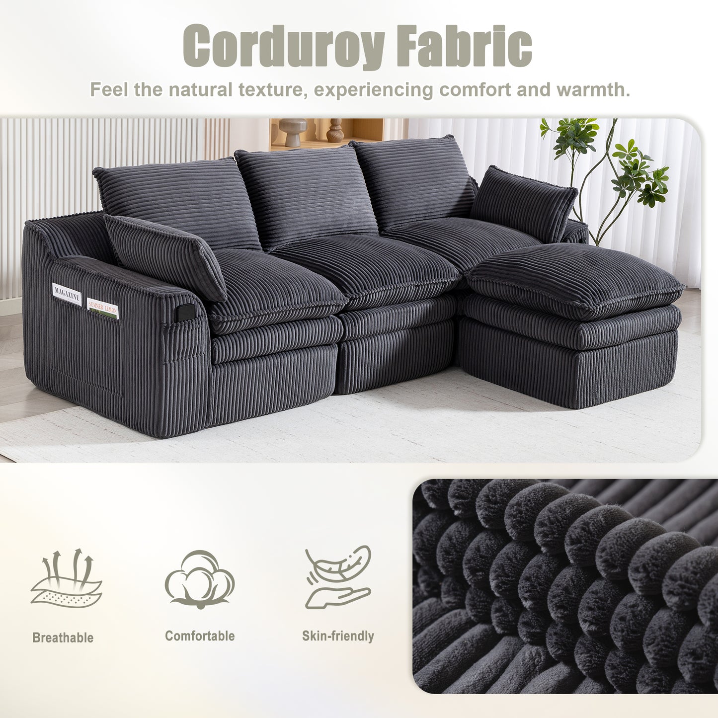 L Shaped Modular Sectional Sofa - Gray Corduroy with Footstool & Pillows