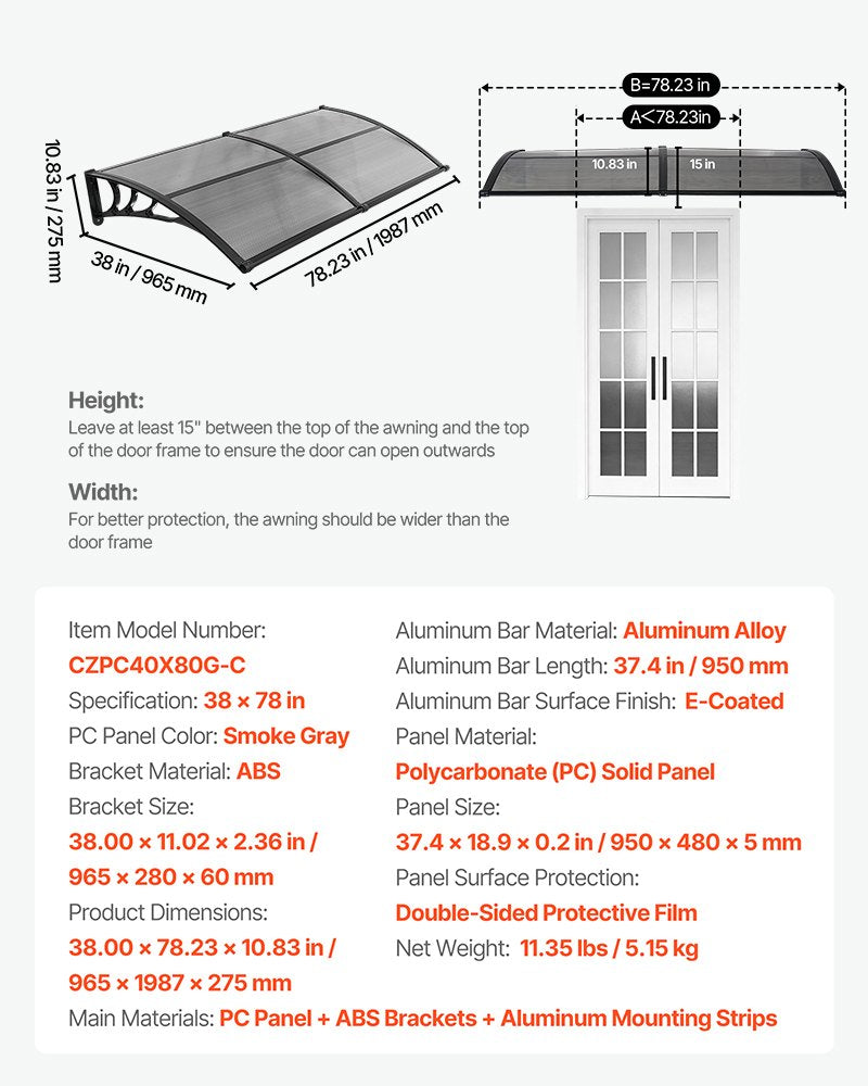 Outdoor Door Canopy Awning 38x78 Inch Polycarbonate Sun Rain Snow Protection