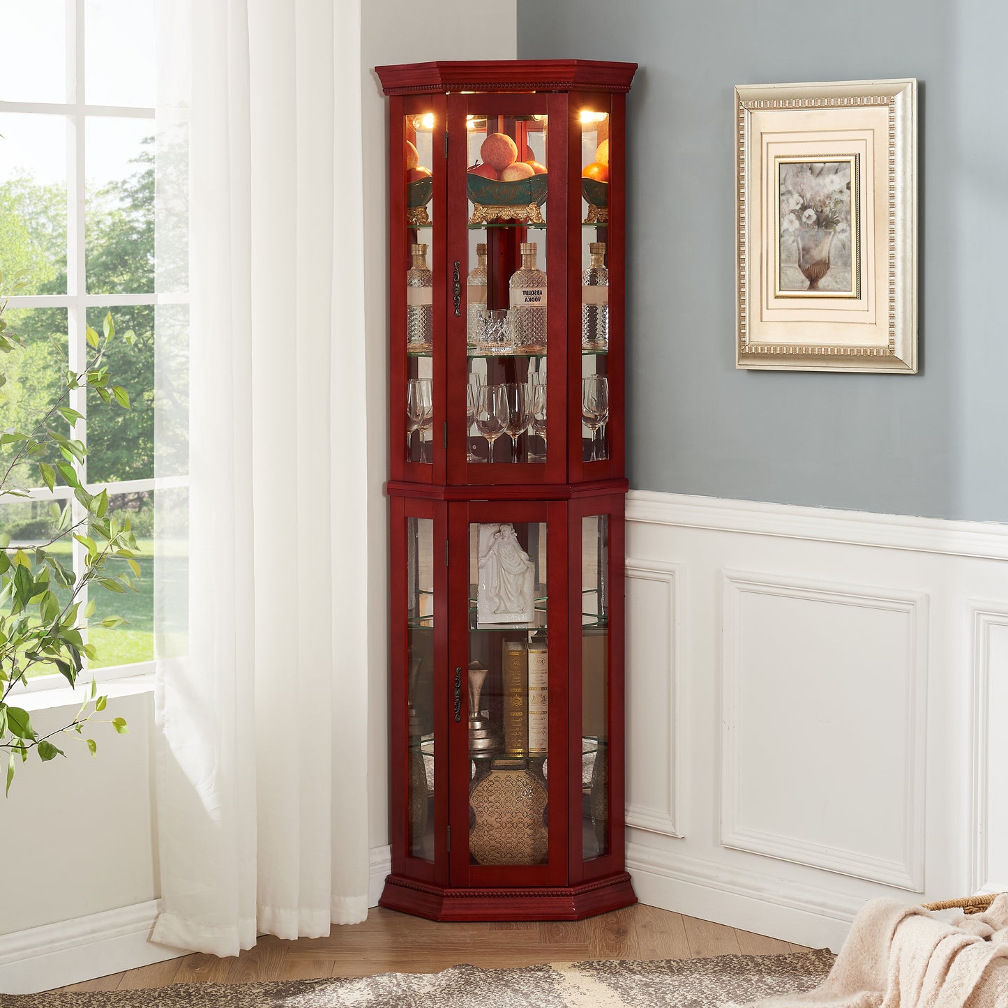 Corner Curio Cabinet Lighted Display, Glass Display Shelf Shelving