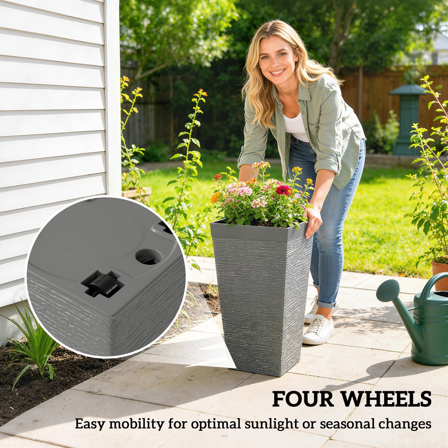 Outdoor Plant Pots Set of 3 with Wheels - 22.8 Inch Tapered Planters, Stone Finish, Drainage Holes, Gray