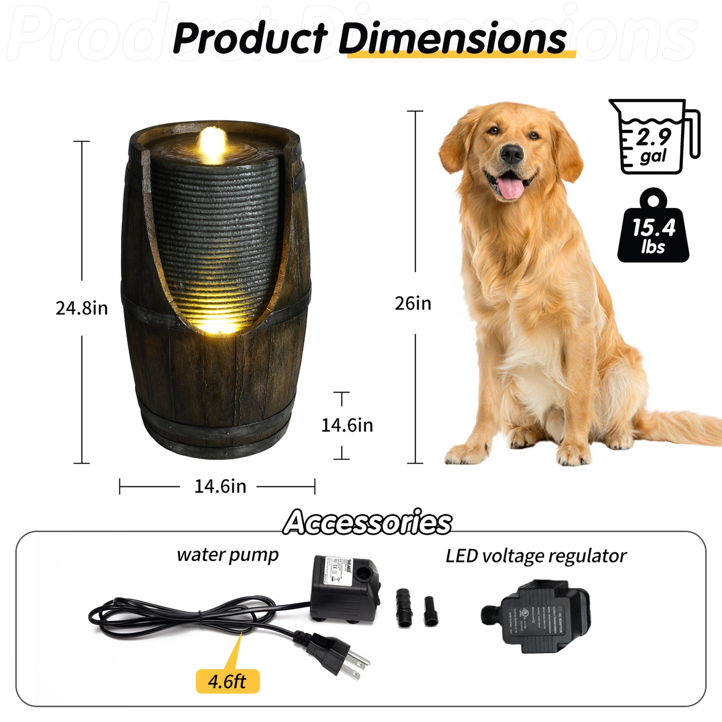 Outdoor Water Fountain with Bird Waterer - Rustic Barrel Garden Feature with LED Lights