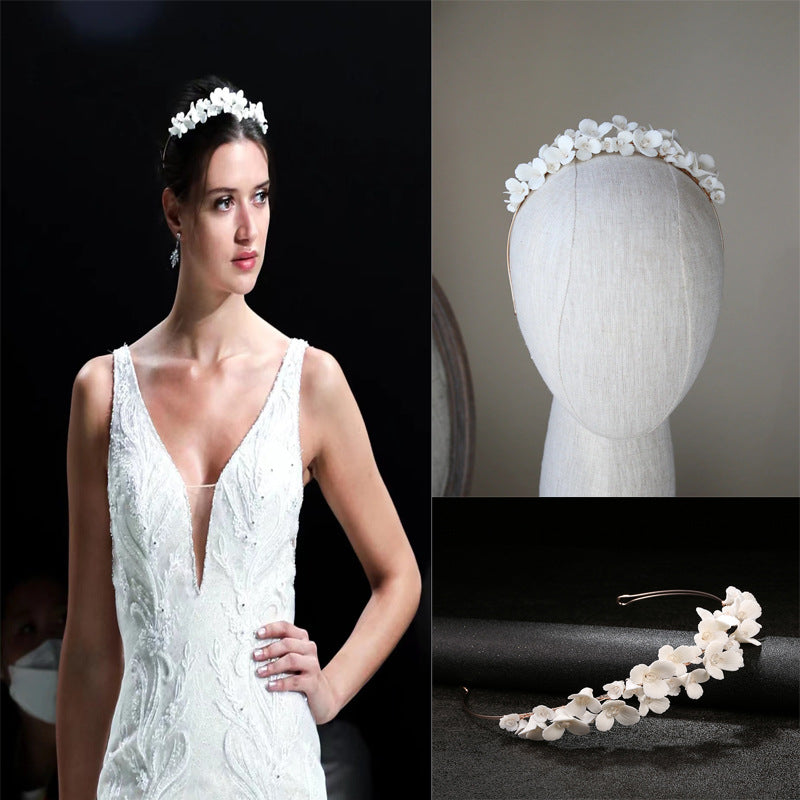 White Ceramic Flower Crown Headband for Women - Handmade Hair Accessory