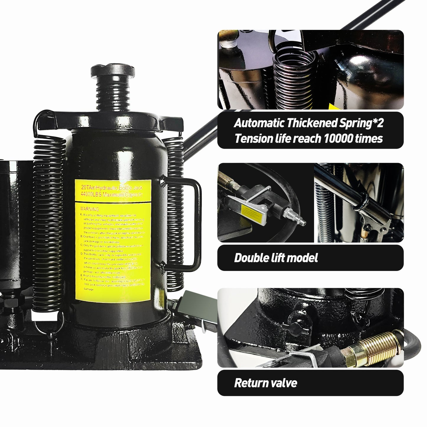 20 Ton Air Hydraulic Bottle Jack with Adjustable Height & Air Pump - Heavy Duty Steel