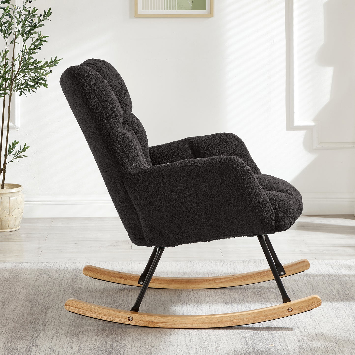 Dark Gray Tufted Teddy Fabric Rocking Chair with Metal Frame