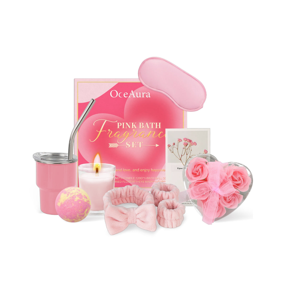 Aromatherapy Bath Gift Set with Candle, Dried Flowers & Accessories - Pink