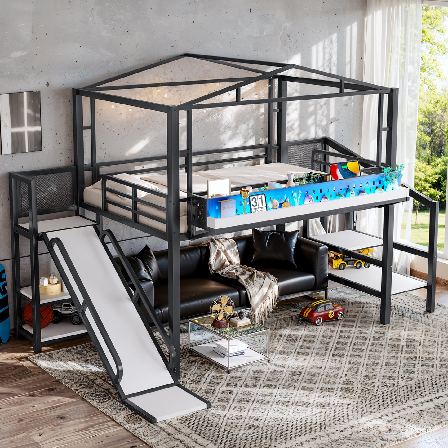 Full Size Metal Loft Bed with Storage Stairs, USB Ports & LED Lights - Black