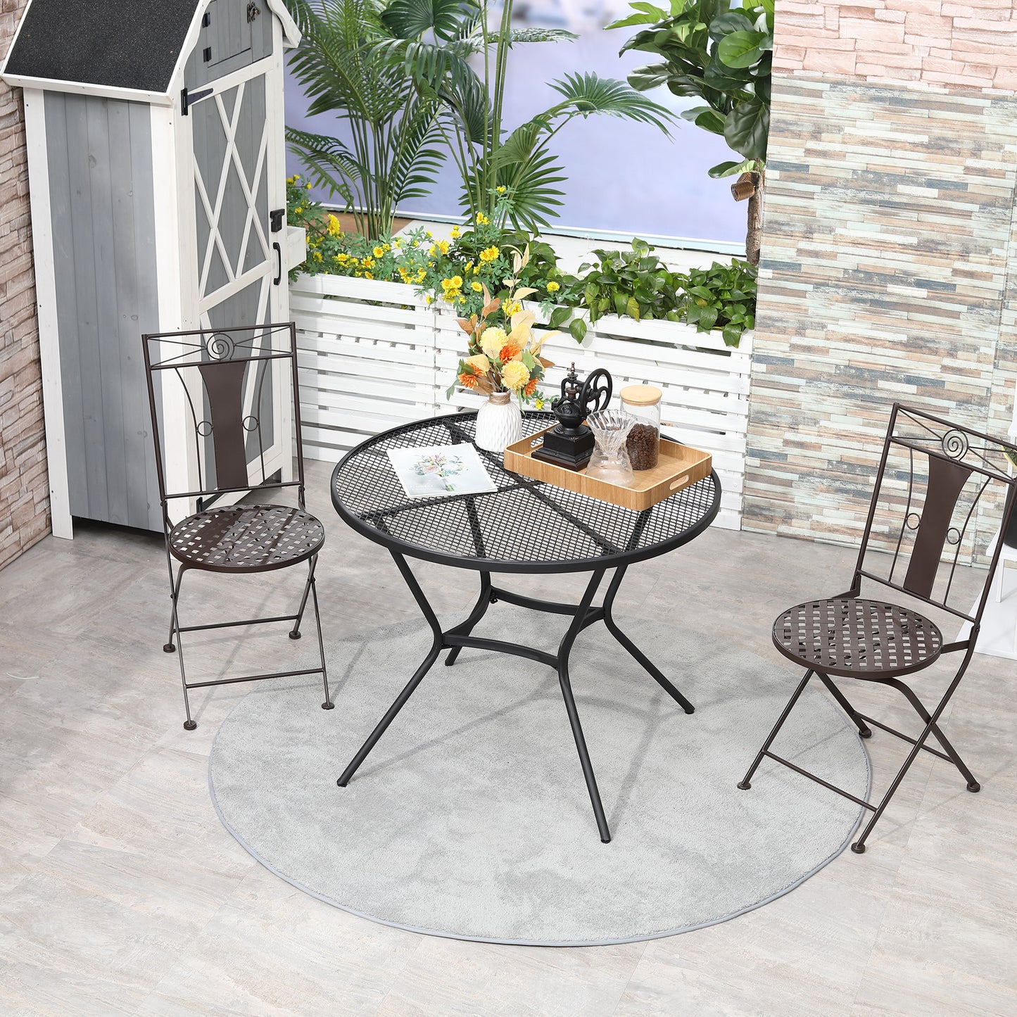 35" Round Bistro Dining Table - Black Metal Mesh Patio Table