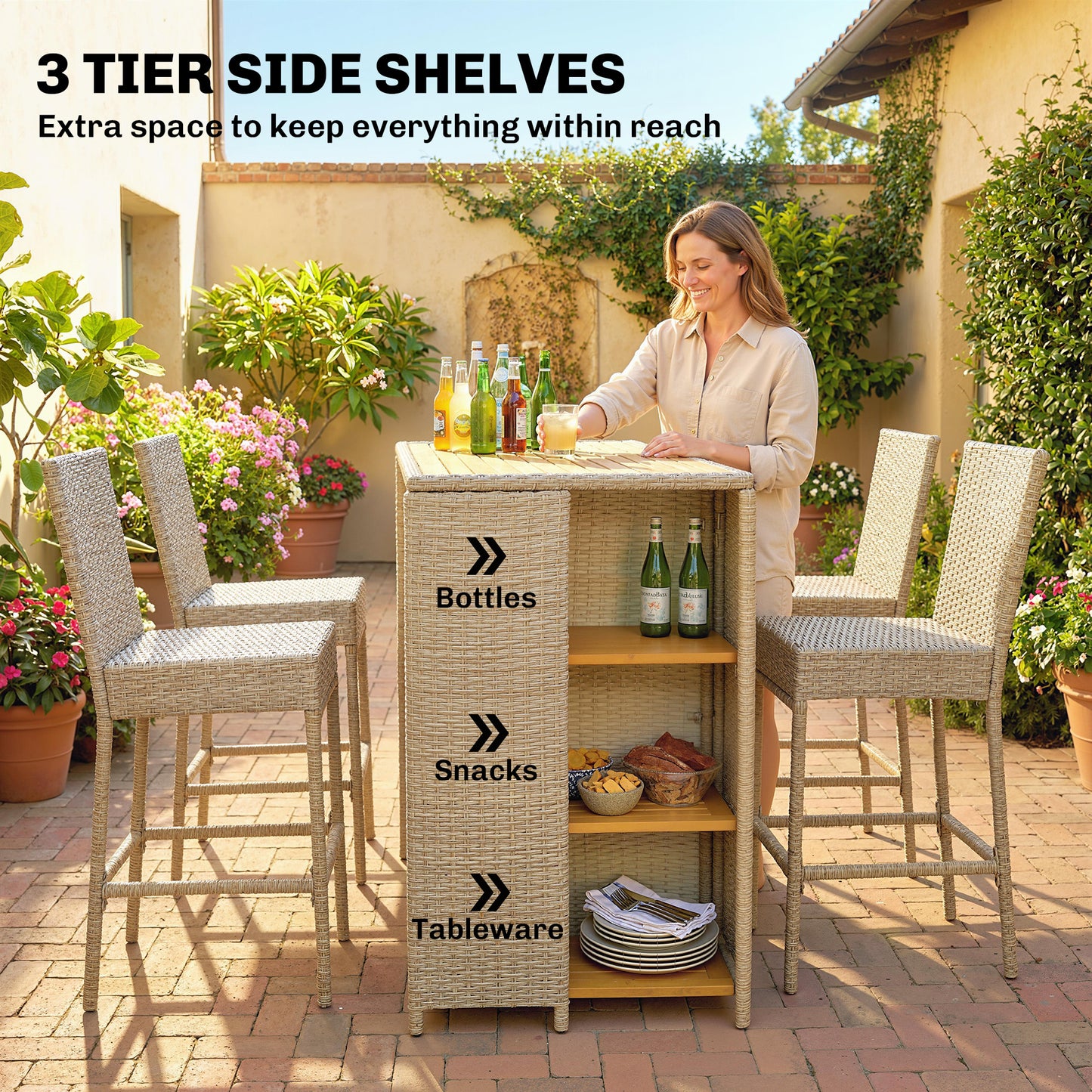 Outdoor Bar Set with Acacia Wood Table & 4 Chairs - Brown
