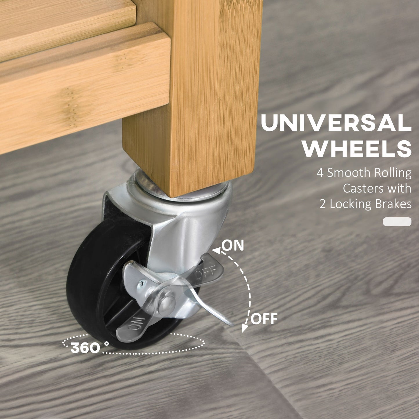 Bamboo Kitchen Island Cart on Wheels, Utility Trolley with 2 Storage