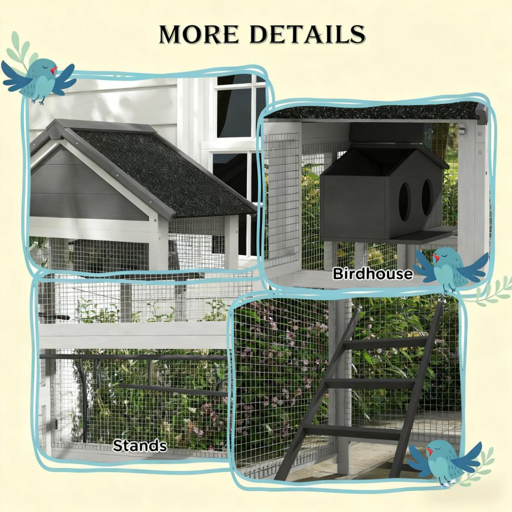 Spacious Wooden Bird Aviary with Slide-Out Tray & Perches - Black+Grey