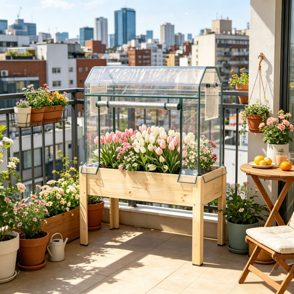 Raised Garden Bed with Cover and Wooden Base - Outdoor Planting Container