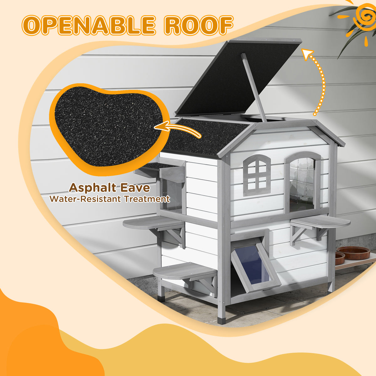 Wooden Outdoor Cat House with 2 Tiers and Openable Asphalt Roof - Feral Cat Shelter