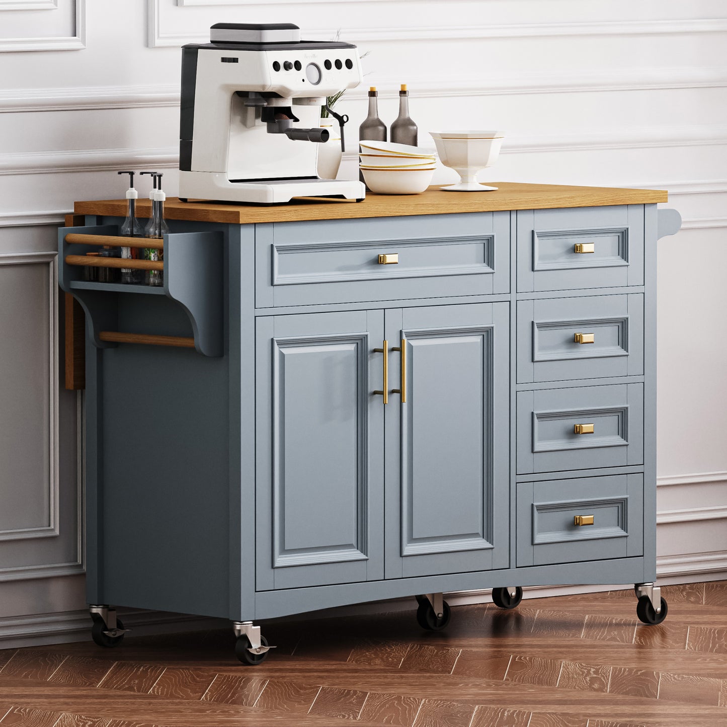 K&K 52 Kitchen Island With Drop Leaf, Embossed Texture On Wheels