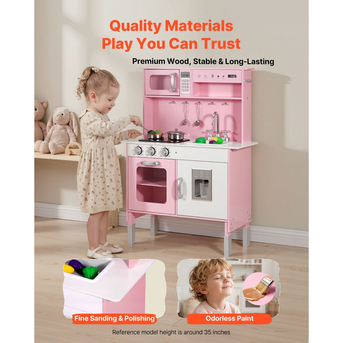 Wooden Play Kitchen Set with Lights & Sounds for Kids Ages 3-8