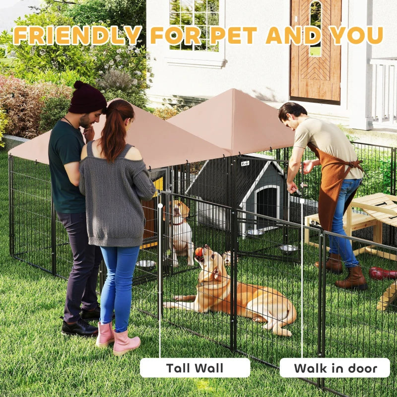 Large Outdoor Dog Kennel with 2 Rooms, Adjustable Bowls, Steel Frame, Coffee