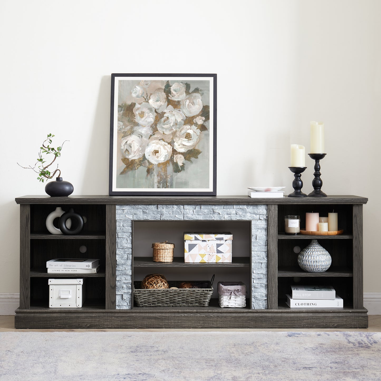 Modern Grey TV Stand with Faux Stacked Stone - 70.12"