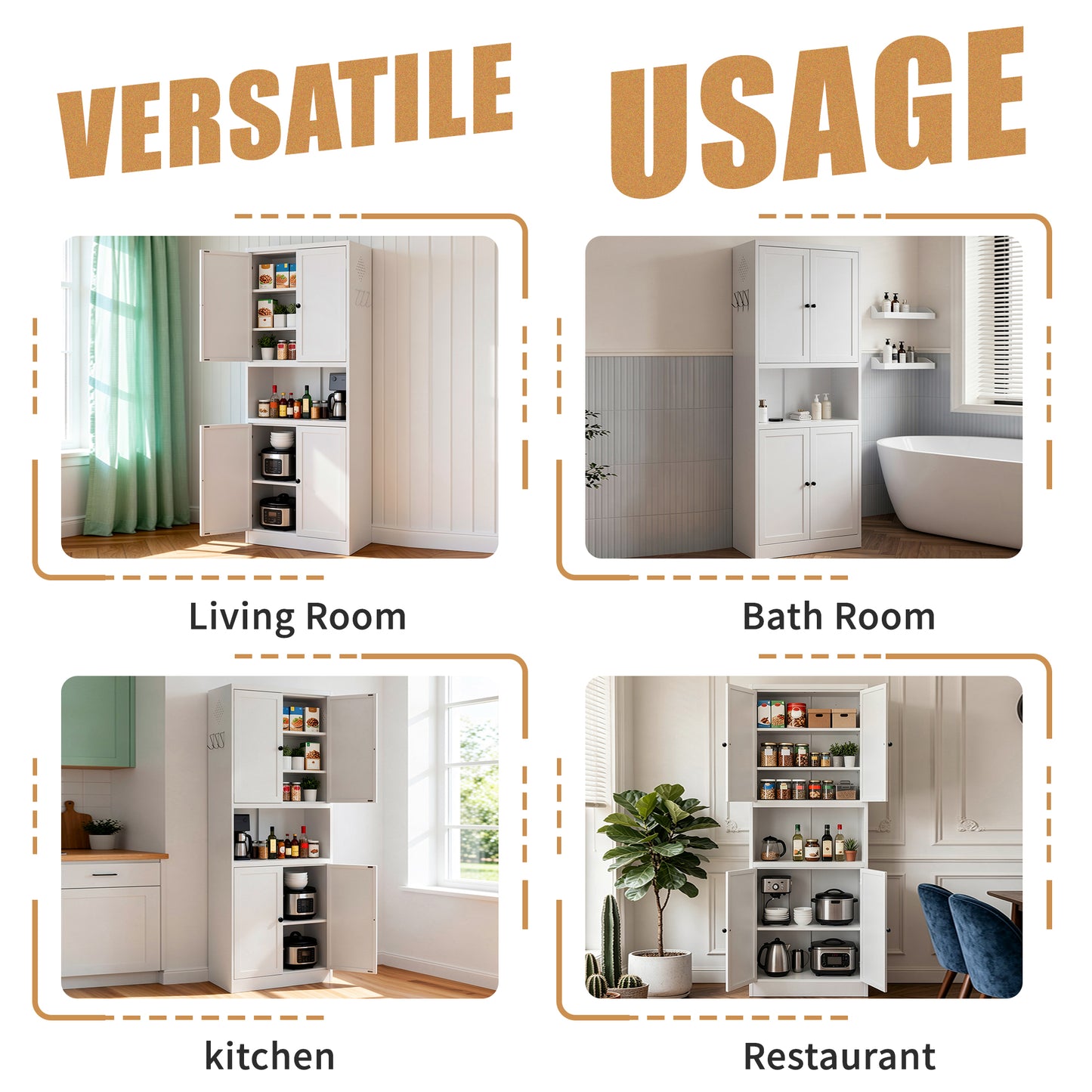 72" Tall White Steel Kitchen Pantry Cabinet with Adjustable Shelves