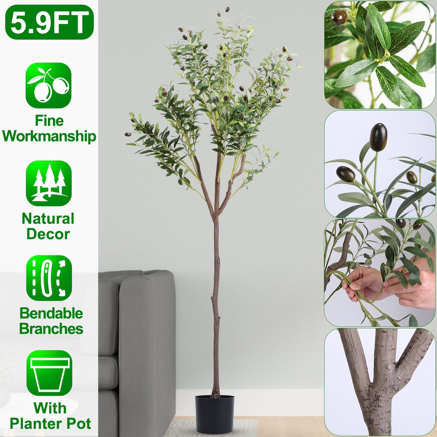 5.9FT Artificial Olive Tree - Lush Faux Potted Plant