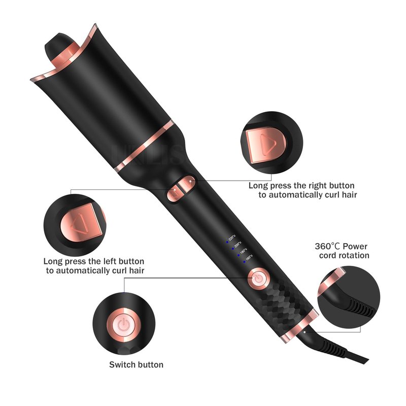 Automatic Wireless Curling Iron with Travel Case - Black Pink, US/EU/UK Plug